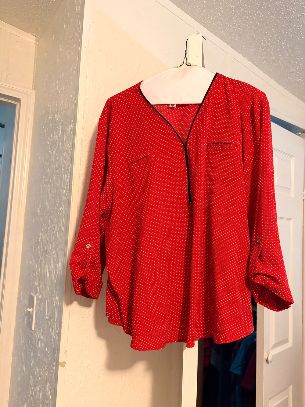 Ninety Red Polka Dot V-Neck Roll-Tab Sleeve Blouse